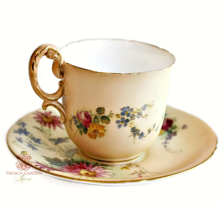 Antique Hand Painted Royal Worcester Blush Ivory Demitasse Set