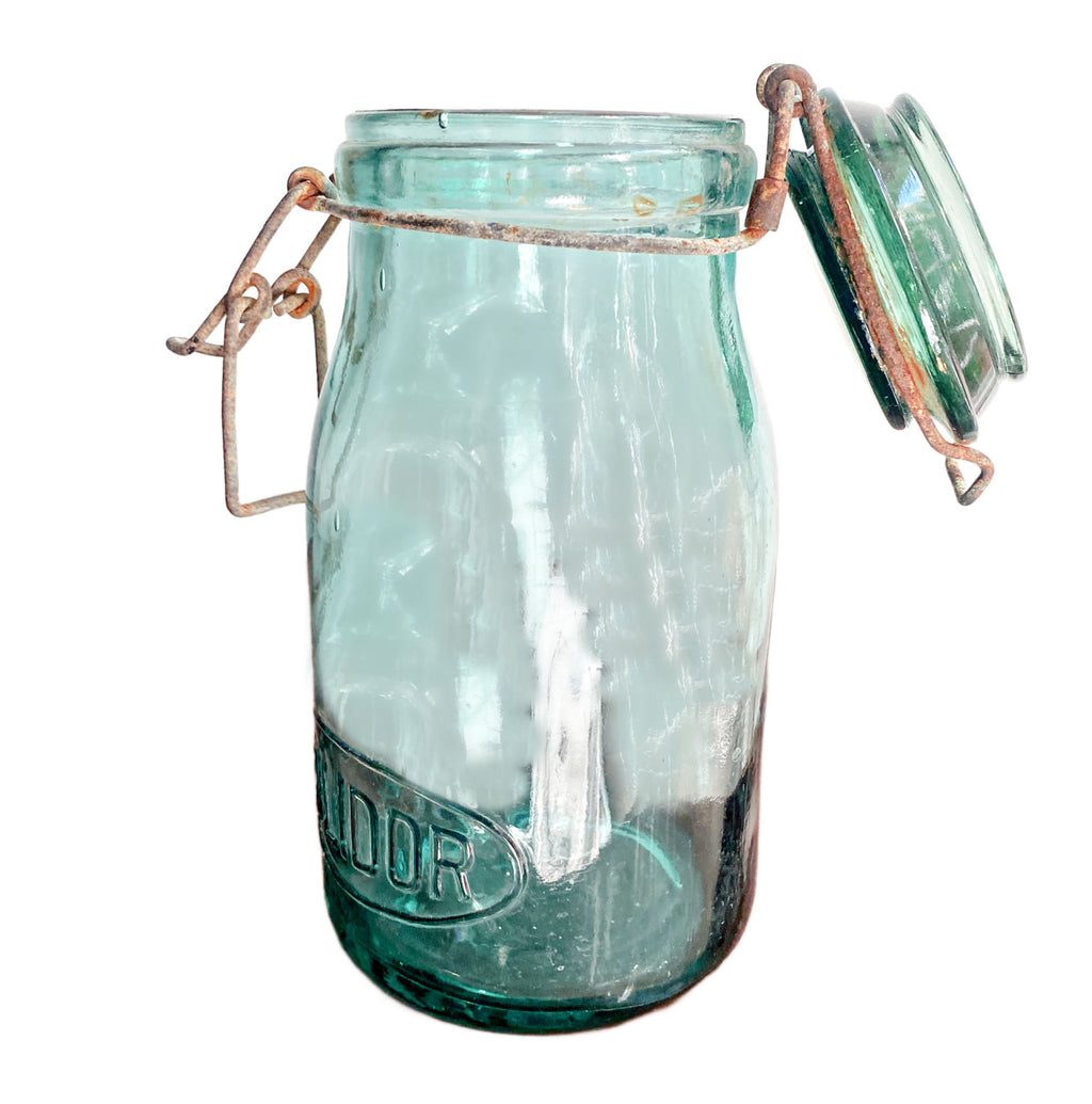 French turquoise glass Solidex jar with original glass lid and wire-bail closure