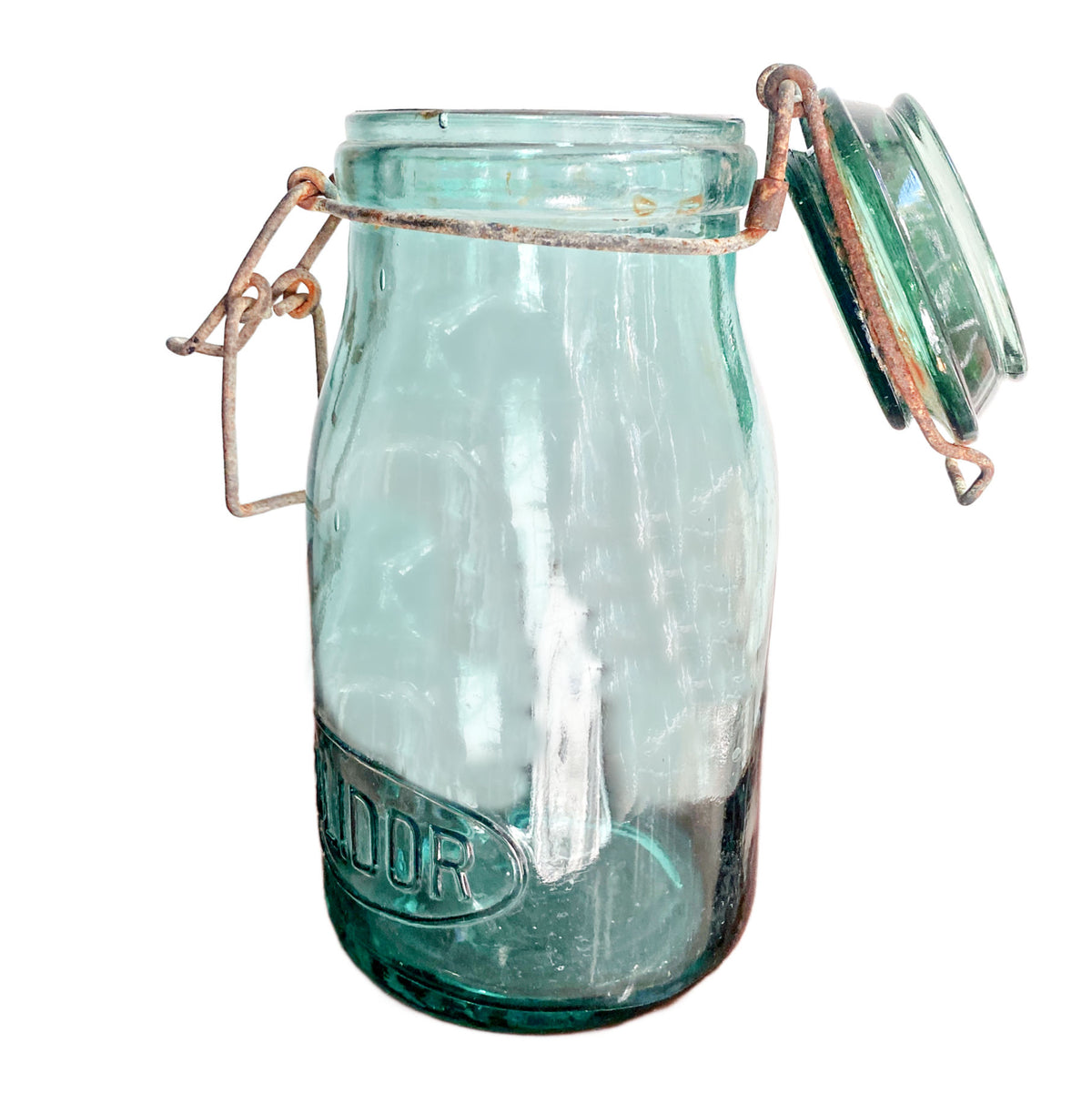 French turquoise glass Solidex jar with original glass lid and wire-bail closure