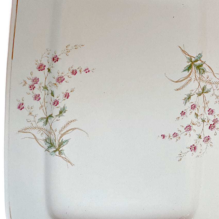 Antique Large English Ironstone Serving Platter, Pink Floral & Wheat Motif