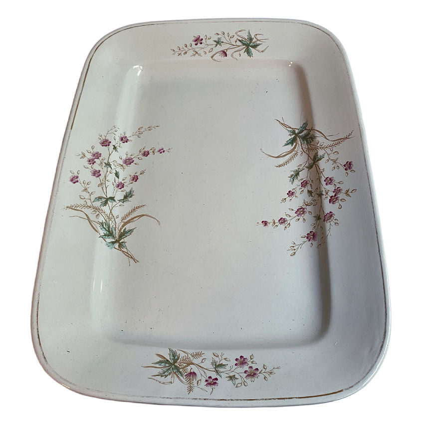 Elegant antique English Staffordshire  ironstone platter, made in the 1880's, with delicate pink flowers & wheat stalks. Large “Opaque Stone China” collectible for display.