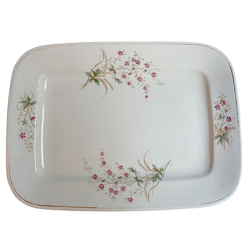 Elegant antique English Staffordshire  ironstone platter, made in the 1880's, with delicate pink flowers & wheat stalks. Large “Opaque Stone China” collectible for display.