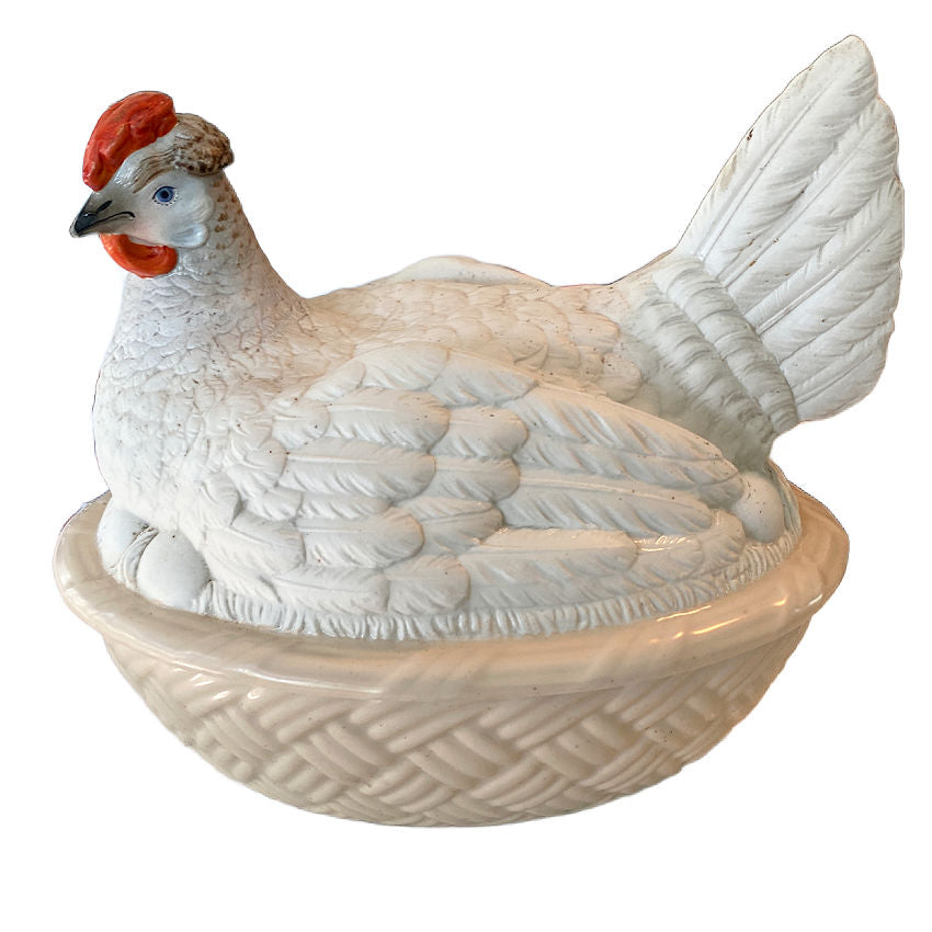 Antique large English Staffordshire hen on eggs tureen by Hammersley &amp; Co, early 20th-century white porcelain, 10 inches tall
