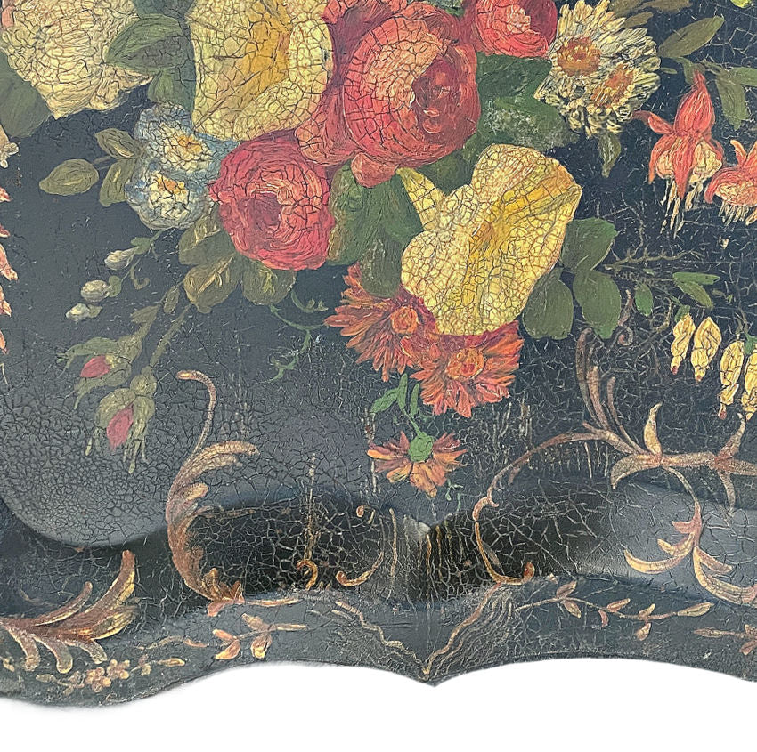 Antique Large Hand Painted Floral Tole Tray Statement Piece