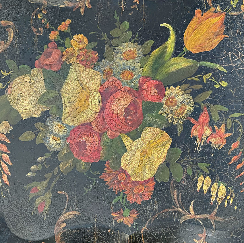 Extra-large antique tole tray with stunning hand-painted florals, vibrant and decorative, 19th-century collectible, perfect for display or serving.