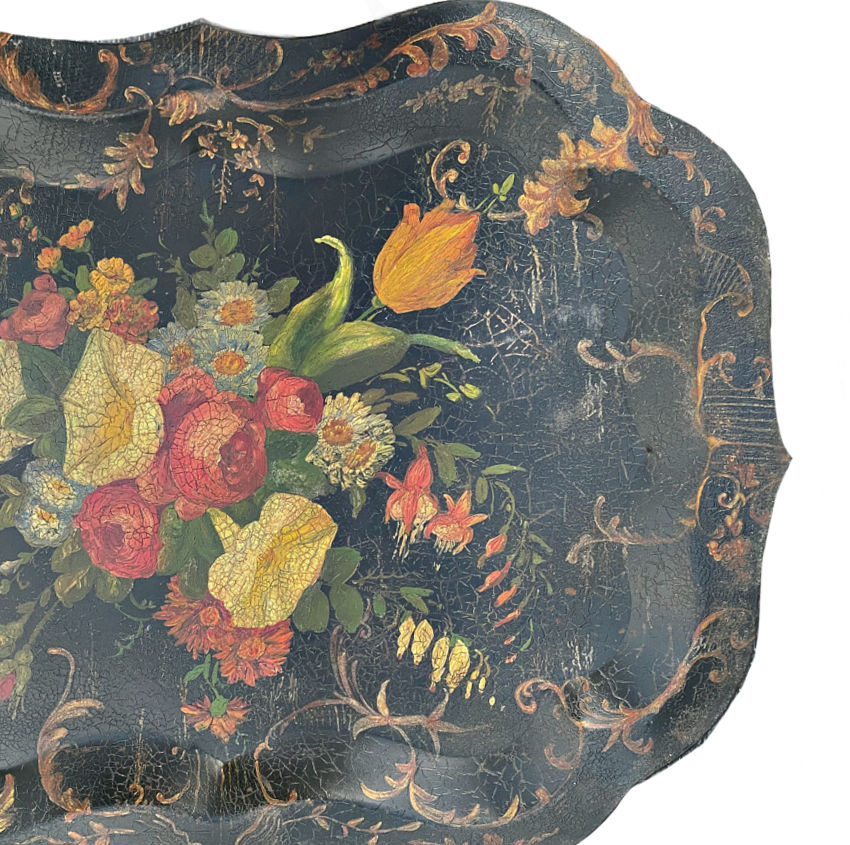 large antique metal tole tray hand painted romantic floral bouquet statement piece