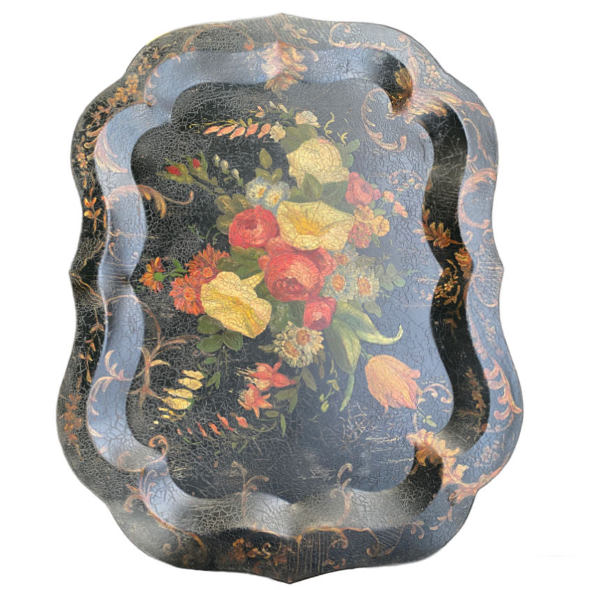 Extra-large antique tole tray with stunning hand-painted florals, vibrant and decorative, 19th-century collectible, perfect for display or serving.