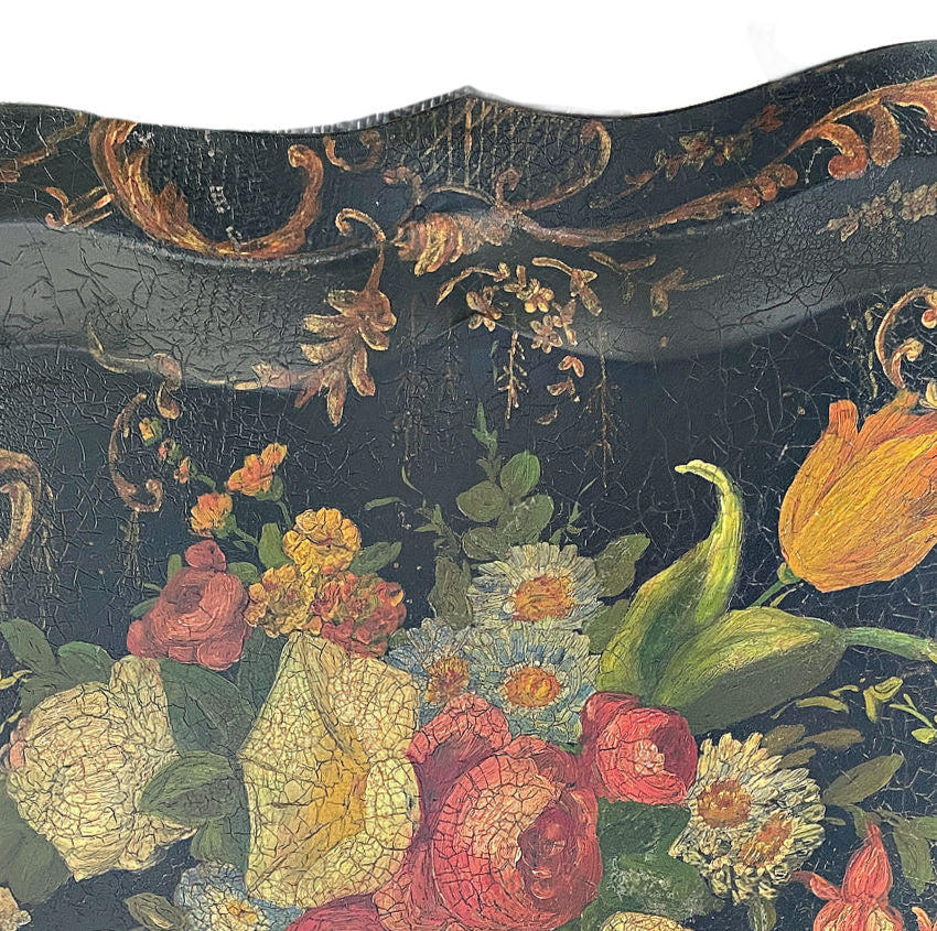 collectible antique floral tole tray richly detailed painterly bouquet garden flowers gilt painted details on rim