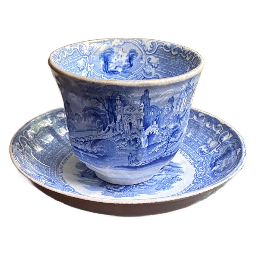 Antique Livesley Powell & Co. blue and white Abbey handleless tea bowl, English ironstone 1850