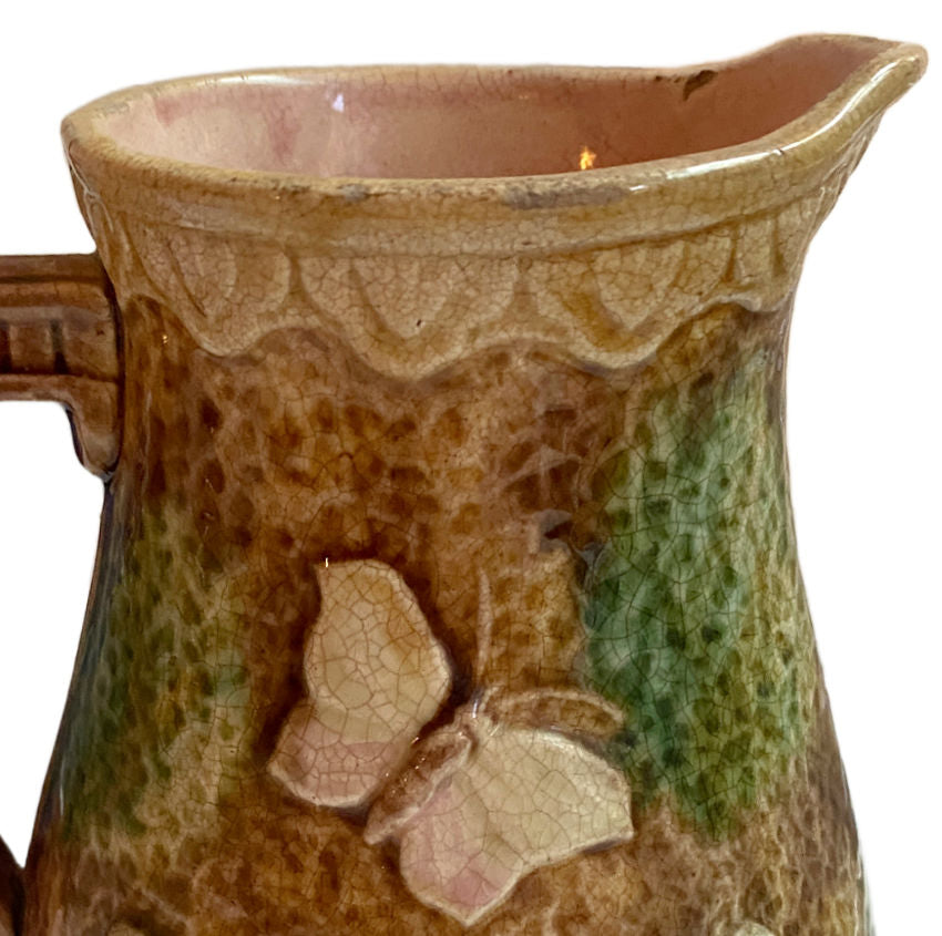 Antique Majolica Pitcher with Flowers and Butterflies