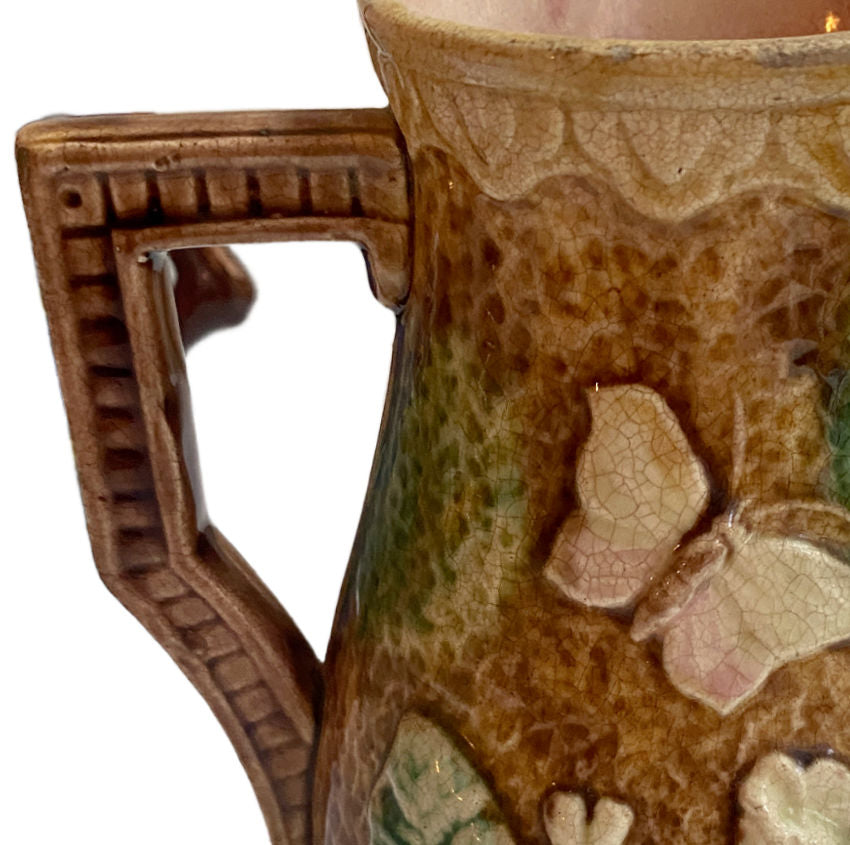 Antique Majolica Pitcher with Flowers and Butterflies