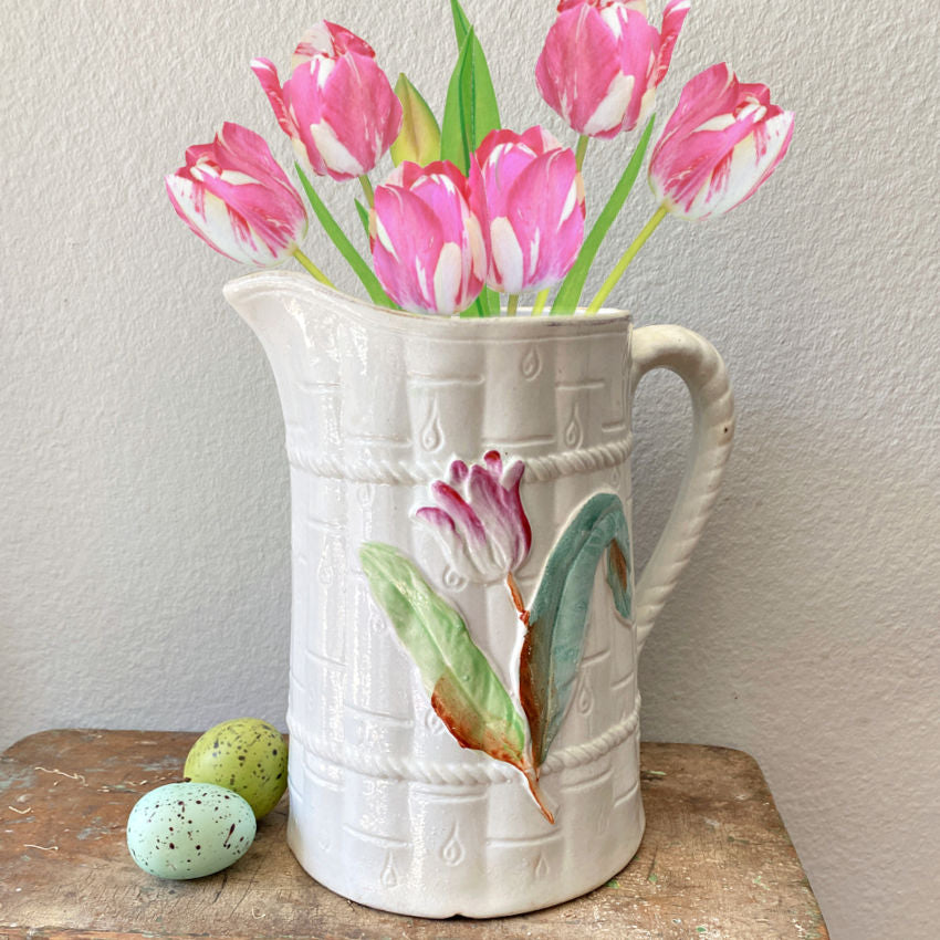 Large Antique White Majolica Pitcher with Country Flowers