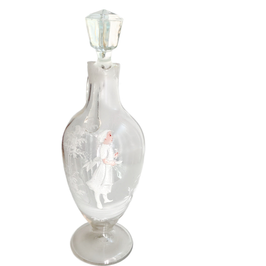 Antique Mary Gregory decanter, hand-painted white enamel girl, mouth-blown with applied handle &amp; stopper – rare collectible art glass, 11¼" tall