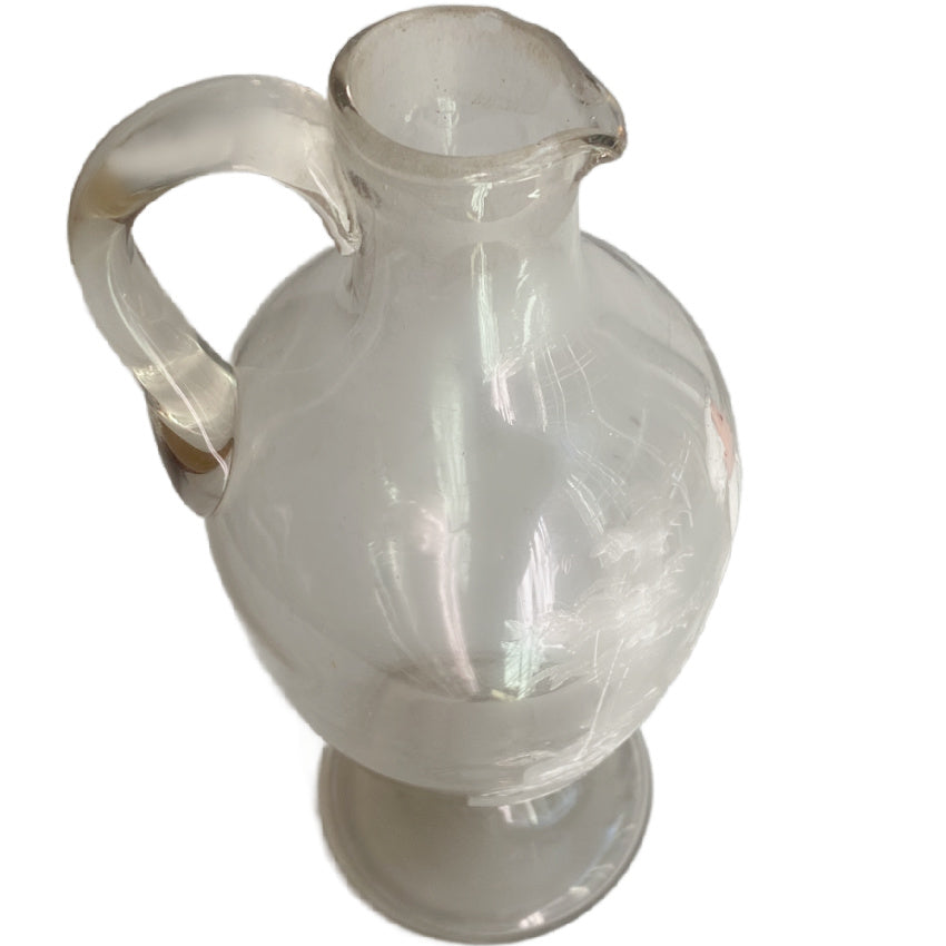 Antique Mary Gregory Glass Decanter – Hand-Painted White Enamel Girl, Mouth-Blown with Pontil, Applied Handle & Stopper