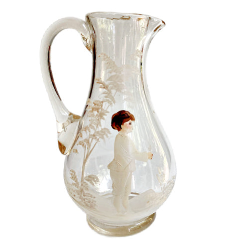 Antique Mary Gregory glass pitcher with hand painted boy and white enamel trees