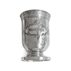 Antique Meriden B. Company quadruple plated silver wedding wine cup, engraved Ida & Alfred. Late 19th-century American silverplate keepsake.