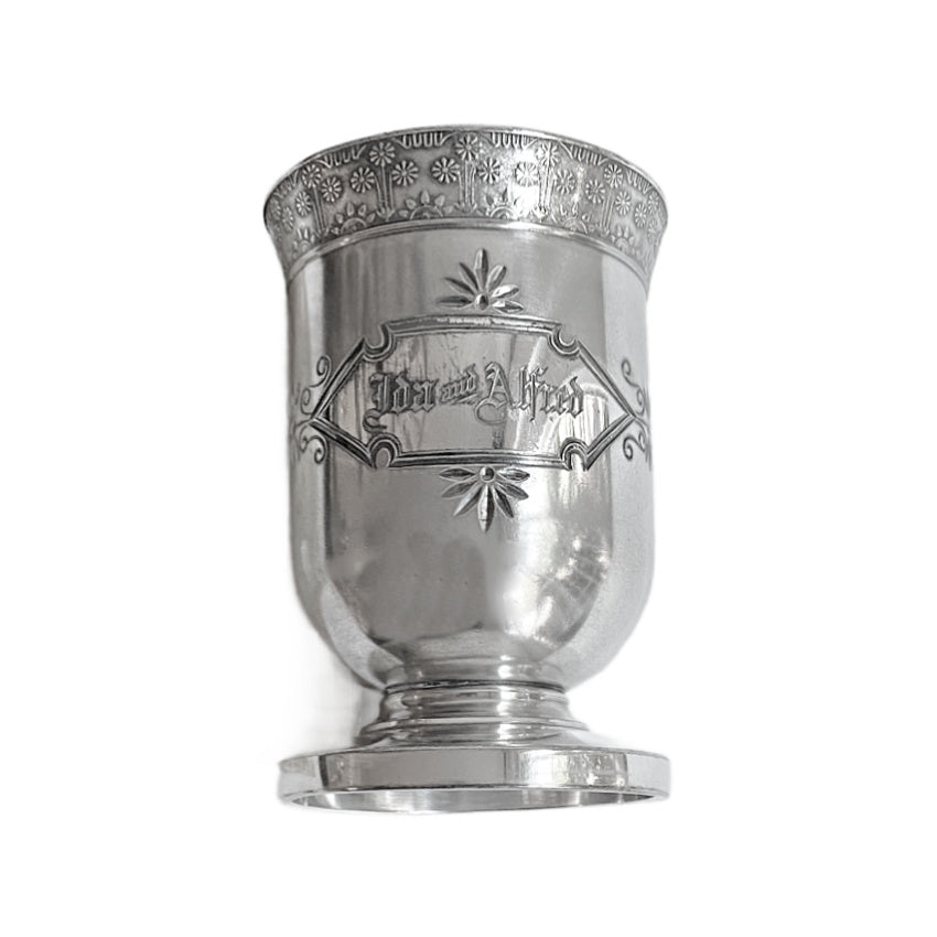 Antique Meriden B. Company quadruple plated silver wedding wine cup, engraved Ida & Alfred. Late 19th-century American silverplate keepsake.