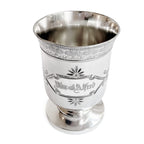 Antique Meriden B. Company quadruple plated silver wedding wine cup, engraved Ida & Alfred. Late 19th-century American silverplate keepsake.