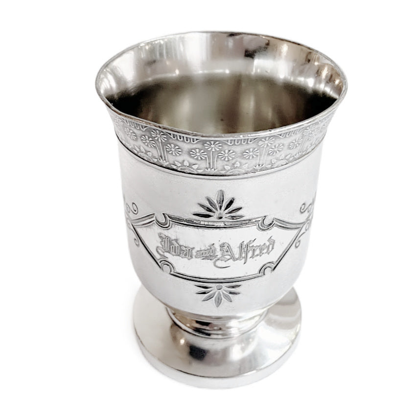 Antique Meriden B. Company quadruple plated silver wedding wine cup, engraved Ida & Alfred. Late 19th-century American silverplate keepsake.