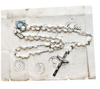 Antique mother of pearl rosary lustrous beads sterling silver cross heart center