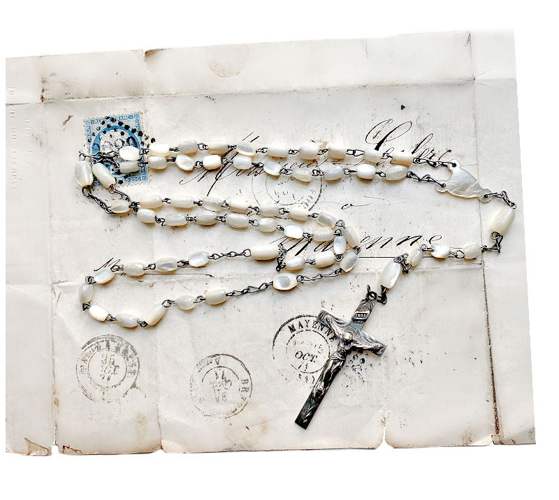 Antique mother of pearl rosary lustrous beads sterling silver cross heart center