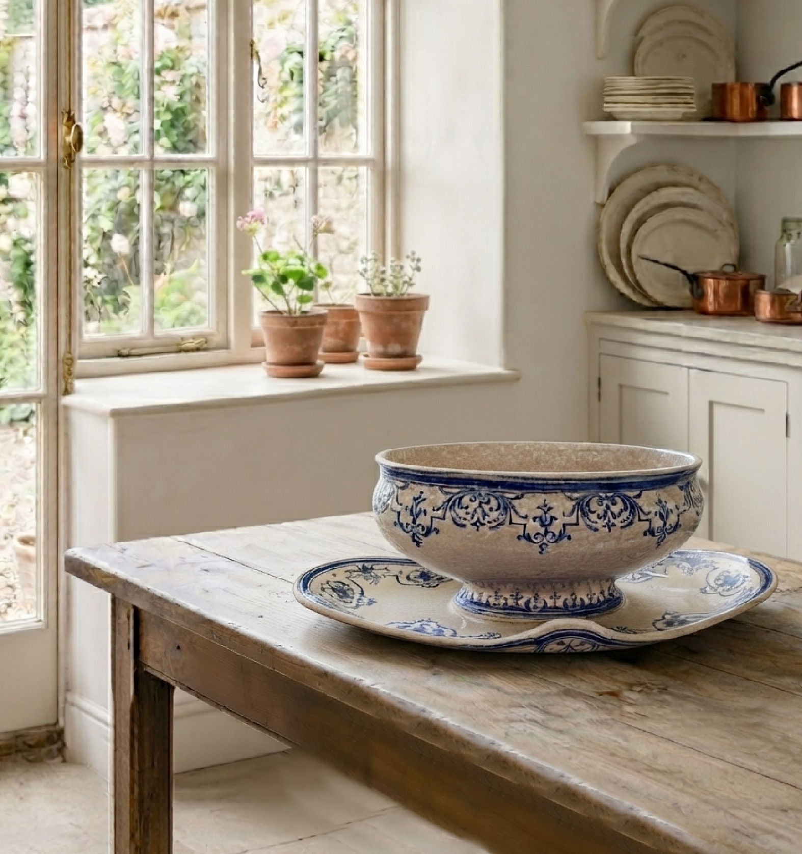 Antique Moustiers faience sauce boat with in a country kitchen with light streaming in, on an antique French table