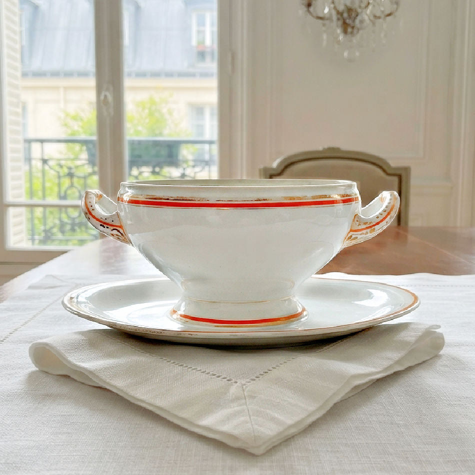 Antique Old Paris Porcelain Sauceboat with Orange & Gold