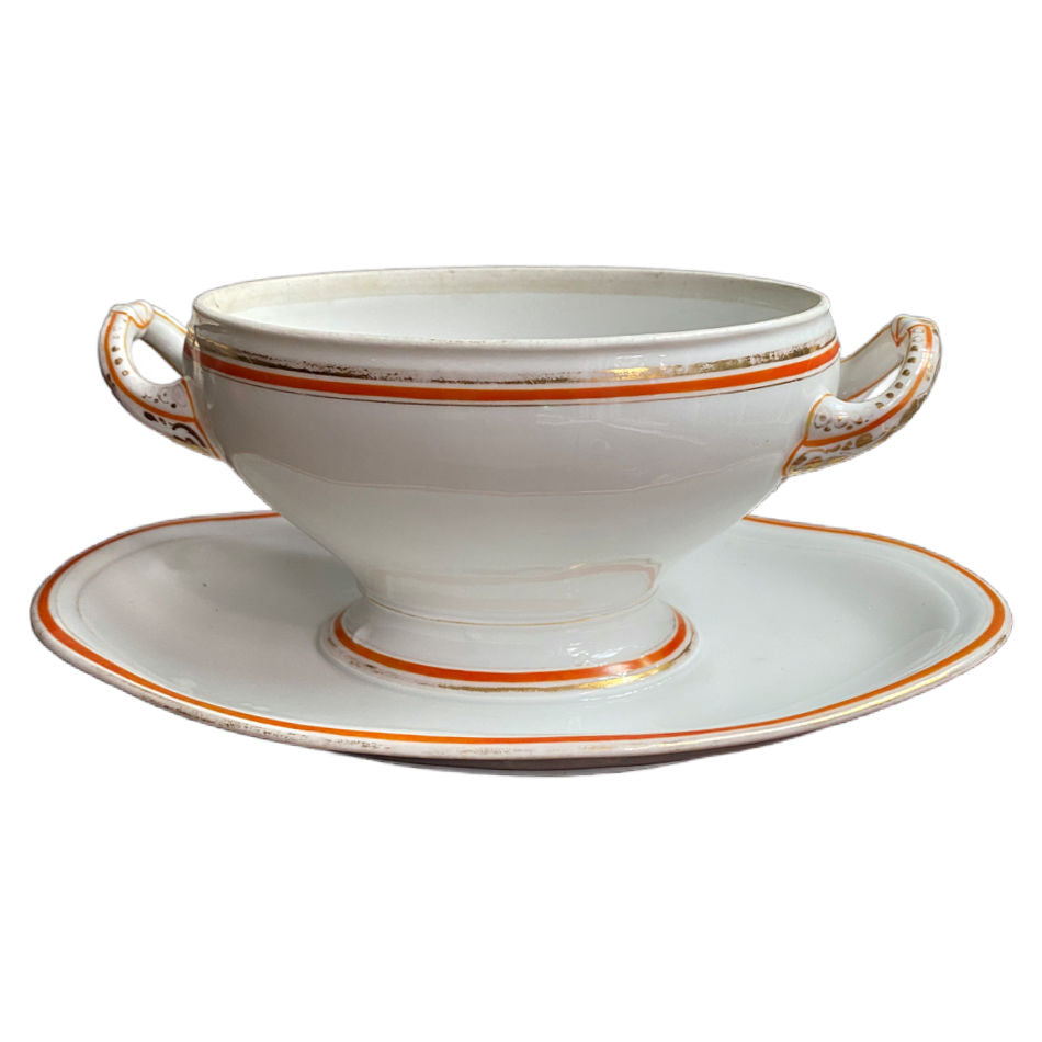 Antique Old Paris Porcelain Sauceboat with Orange & Gold
