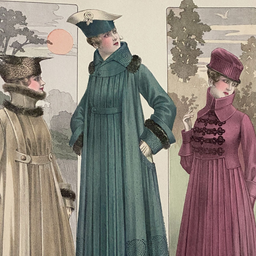Printed in Paris, this showcases chic Parisiennes in sumptuous fall/winter ensembles, in tones of camel, green and wine , emblematic of the refined couture aesthetic of the period. Includes fur and hats