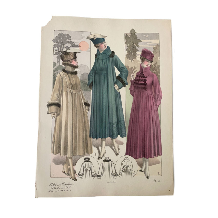 Printed in Paris, this showcases chic Parisiennes in sumptuous fall/winter ensembles, in tones of camel, green and wine , emblematic of the refined couture aesthetic of the period. Includes fur and hats