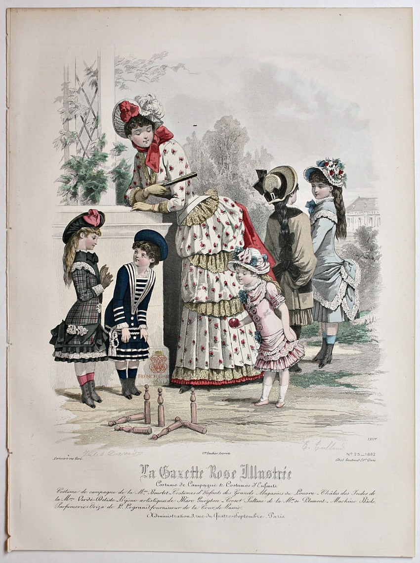 antique French etching Signed by Jules David of children&#39;s fashion