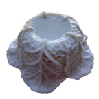 Bottom view of lilac opaline cabbage bowl highlighting sculpted cabbage leaf form and luminous glass finish
