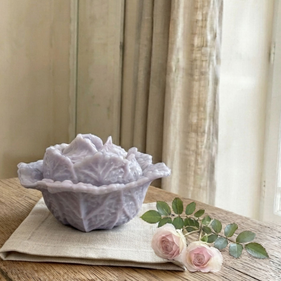 French country table styled with lilac opaline glass