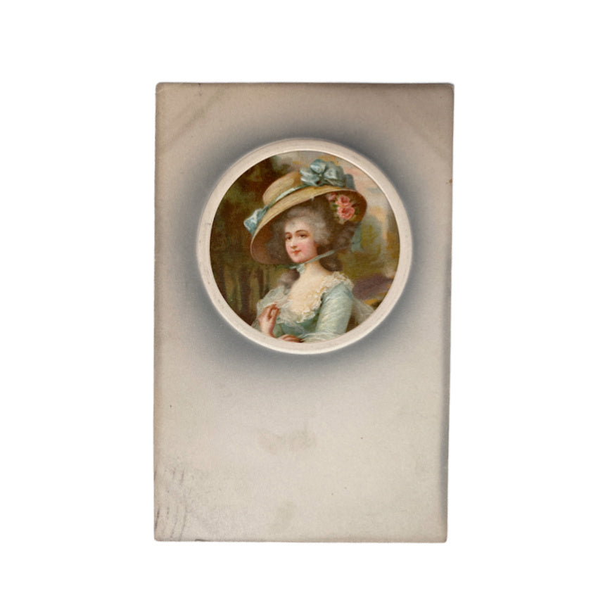 Antique Chromolithograph Portrait Lady in Hat Postcard with pink roses