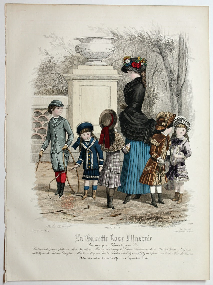 Antique French fashion etching Signed by Jules David, children&#39;s clothing and hoop in park