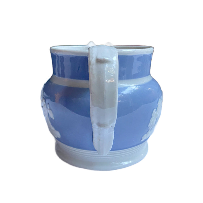 Staffordshire pearlware, Chetham and Woolley, English pearlware jug, Regency pottery, neoclassical pitcher, jasperware relief, antique English ceramics, 19th century pottery, blue pearlware jug, classical relief pottery