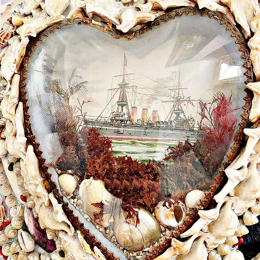 Antique British Colonial Heart-Form Sailor’s Valentine & Domed Glass