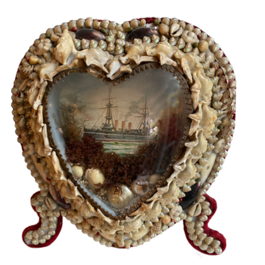 Antique British Colonial Heart-Form Sailor’s Valentine & Domed Glass