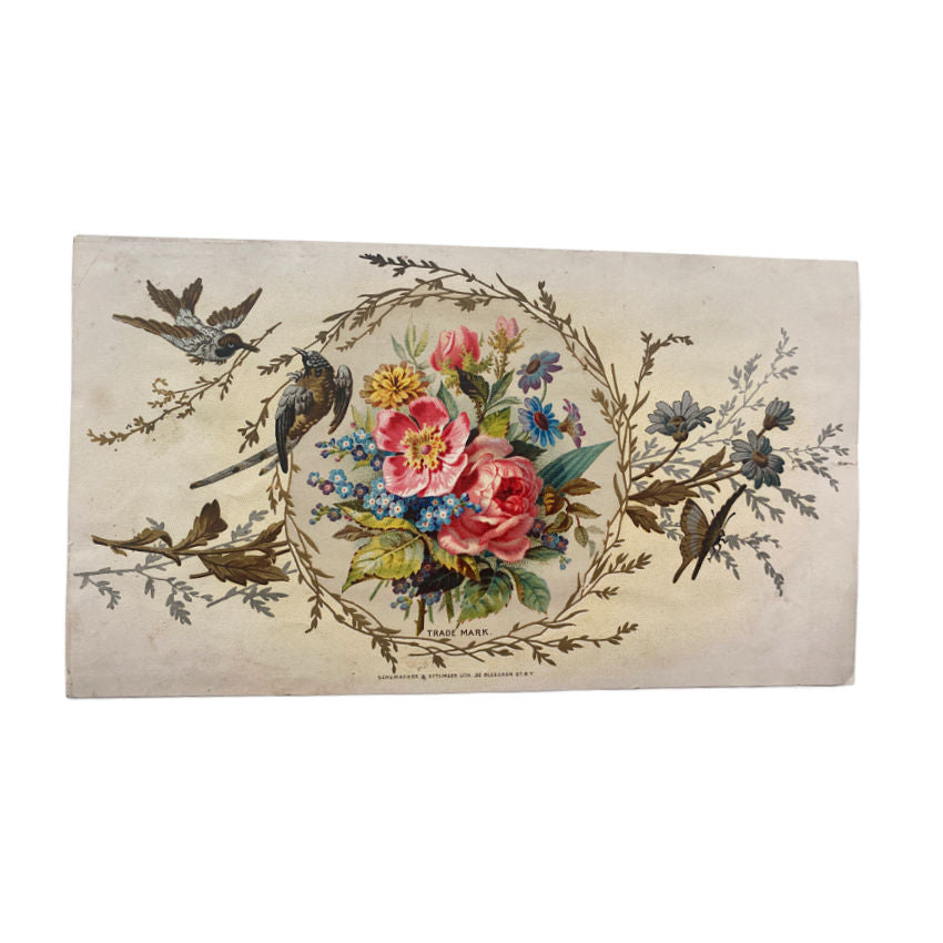 Antique Schumacher Lithograph Label with Roses and Birds