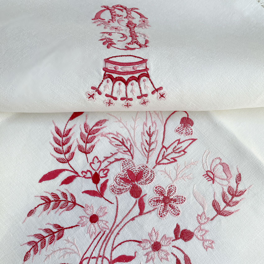 Angique French Chateau Monogrammed linen napkins with red crown and flowers