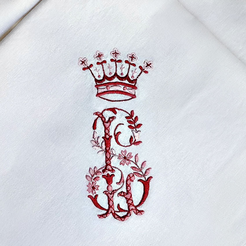 From an aristocratic trousseau, magnificent set of 6 napkins evokes the splendor of the Belle Époque-double embroidery of a noble crowned monogram and flowers.