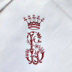 From an aristocratic trousseau, magnificent set of 6 napkins evokes the splendor of the Belle Époque-double embroidery of a noble crowned monogram and flowers.