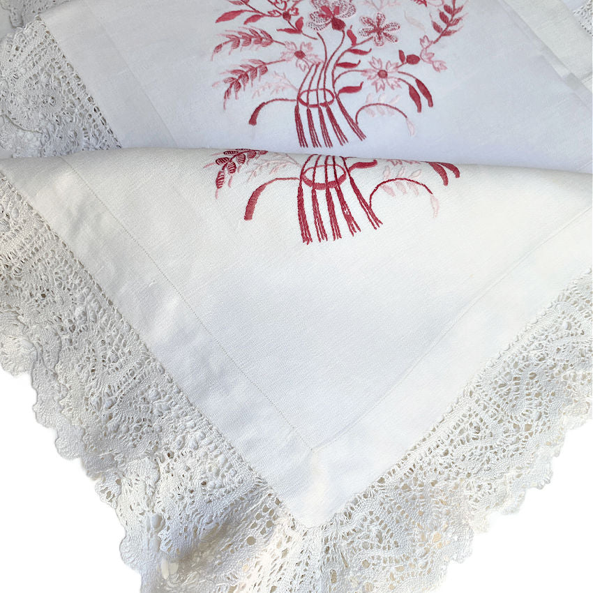 From an aristocratic trousseau, magnificent set of 6 napkins evokes the splendor of the Belle Époque-double embroidery of a noble crowned monogram and flowers.