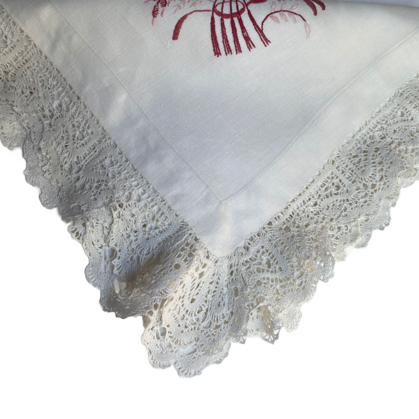 From an aristocratic trousseau, magnificent set of 6 napkins evokes the splendor of the Belle Époque-double embroidery of a noble crowned monogram and flowers.