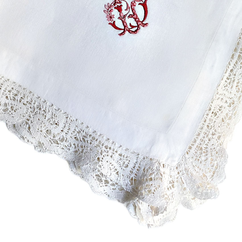From an aristocratic trousseau, magnificent set of 6 napkins evokes the splendor of the Belle Époque-double embroidery of a noble crowned monogram and flowers.