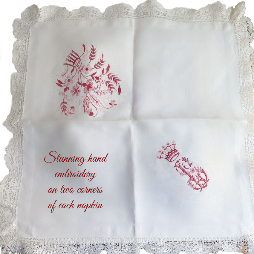 Stunning hand embroidered linen napkins with noble monogram in red and floral, edged with hand made lace