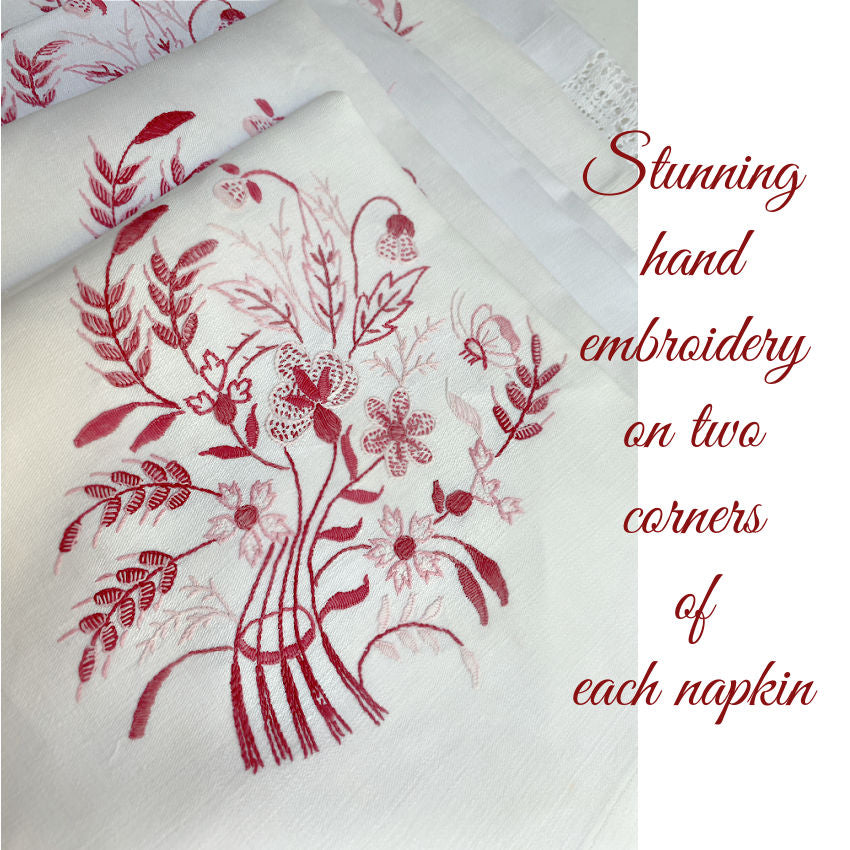 From an aristocratic trousseau, magnificent set of 6 napkins evokes the splendor of the Belle Époque-double embroidery of a noble crowned monogram and flowers.
