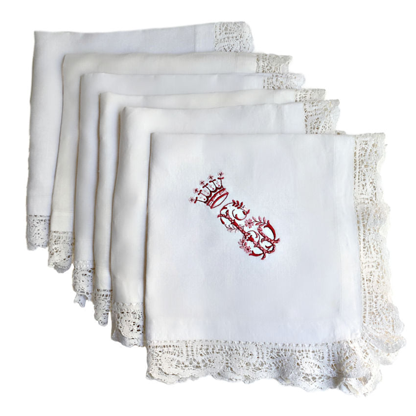 From an aristocratic trousseau, magnificent set of 6 napkins evokes the splendor of the Belle Époque-double embroidery of a noble crowned monogram and flowers.