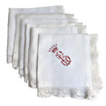 From an aristocratic trousseau, magnificent set of 6 napkins evokes the splendor of the Belle Époque-double embroidery of a noble crowned monogram and flowers.