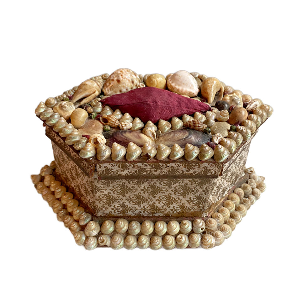 Antique French shell work souvenir box with wine silk pincushion